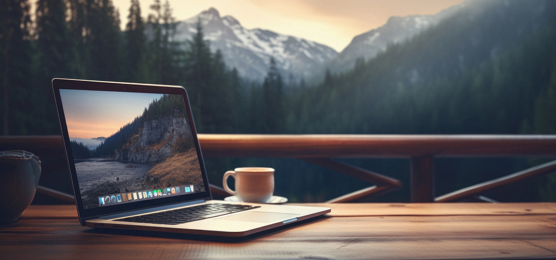 Laptop and coffee cup on wooden table against picturesque mountain landscape